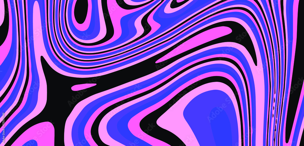 Poster Op-art psychedelic background with distorted and wavy lines and curves. The 60s and 70s hippie style.