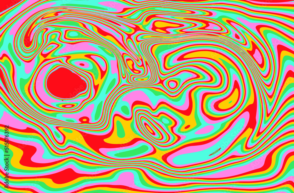 Poster trippy glitch background in style of psychedelic 60s and 70s parties with bright acidic colors and a