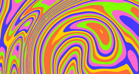 Fototapeta na wymiar Trippy glitch background in style of psychedelic 60s and 70s parties with bright acidic rainbow colors and a winding geometric wavy pattern.
