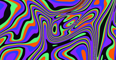 Trippy glitch background in style of psychedelic 60s and 70s parties with bright acidic colors and a winding geometric wavy pattern.