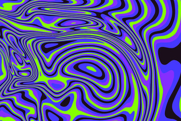 Trippy glitch background in style of psychedelic 60s and 70s parties with bright acidic colors and a winding geometric wavy pattern.