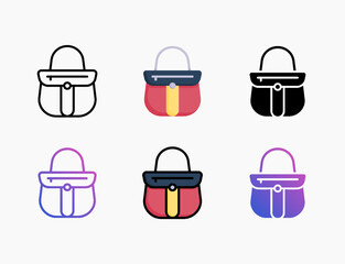 Handbag icon set with different styles. Style line, outline, flat, glyph, color, gradient. Editable stroke and pixel perfect. Can be used for digital product, presentation, print design and more.