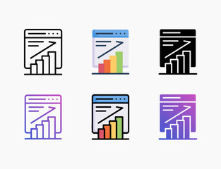 Bar Chart Growth Up icon set with different styles. Style line, outline, flat, glyph, color, gradient. Editable stroke and pixel perfect.