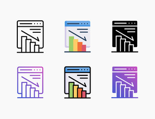 Bar Chart Loss icon set with different styles. Style line, outline, flat, glyph, color, gradient. Editable stroke and pixel perfect.