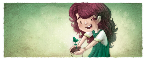 Ecological illustration of little girl with plant in hands