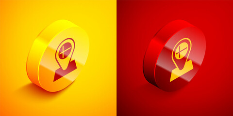 Isometric Location marker with round flag nation of Iceland con isolated on orange and red background. Circle button. Vector