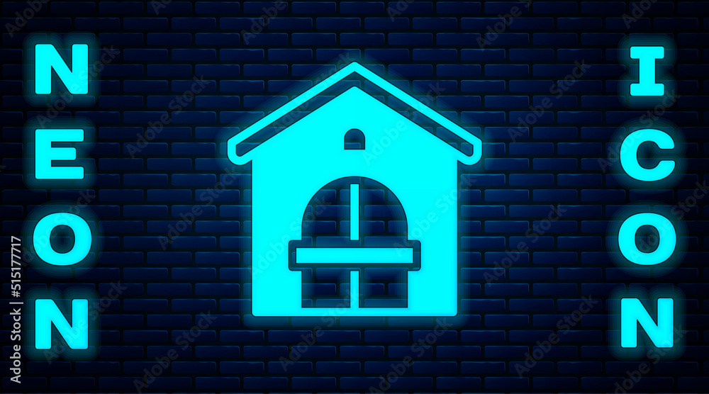 Wall mural Glowing neon Farm house icon isolated on brick wall background. Vector