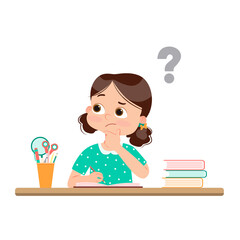 Vector illustration of a cartoon stressed little girl doing hard homework on the desk.
