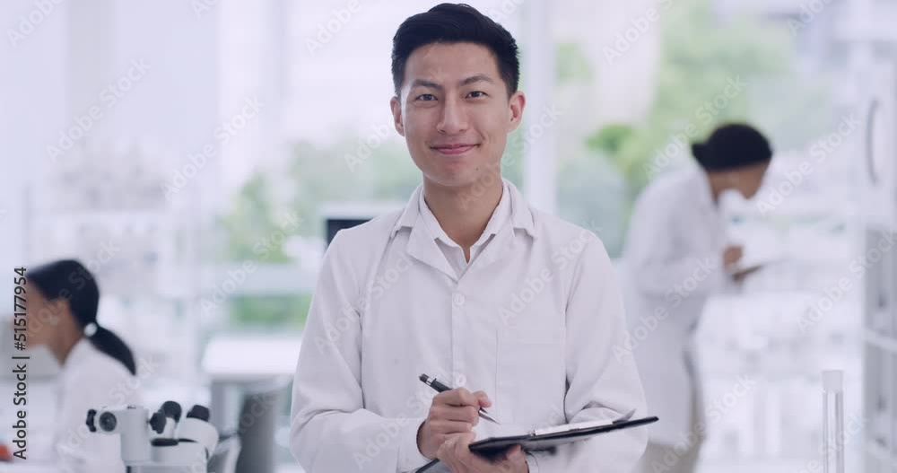 Poster happy biologist analyzing research report and writing on a checklist at a medical science laboratory