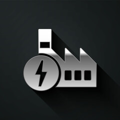 Fototapeta na wymiar Silver Nuclear power plant icon isolated on black background. Energy industrial concept. Long shadow style. Vector