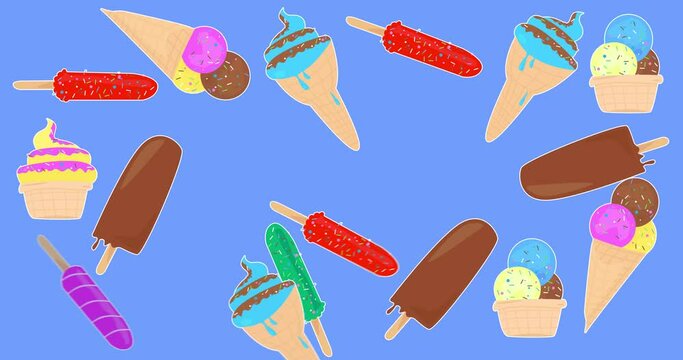 Ice Cream background video. Colorful animated summer sweet food cartoon. 4k resolution animation, moving image.