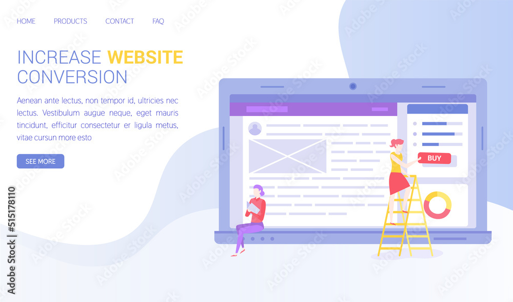 Poster people working on website development. seo optimization, increase conversion of web page for online 
