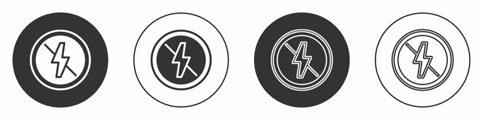 Black No lightning icon isolated on white background. No electricity. Circle button. Vector
