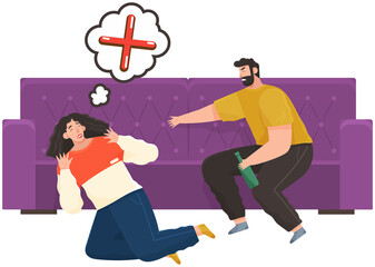 Drunk man offending woman sitting with alcohol bottle on couch, abuser yells at frightened girl. Illustration with prohibition sign in chat bubble, behavior disorder concept, social problems