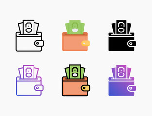 Wallet icon set with different styles. Style line, outline, flat, glyph, color, gradient. Editable stroke and pixel perfect. Can be used for digital product, presentation, print design and more.