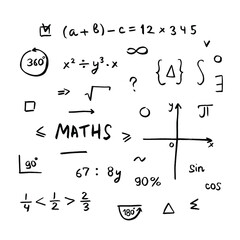 hand drawn numbers and basic maths terms  simbols expressions vector set for school