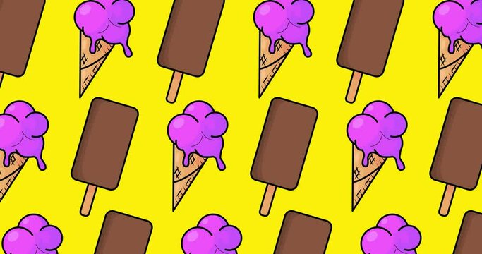 Ice Cream background video. Colorful animated summer sweet food cartoon. 4k resolution animation, moving image.