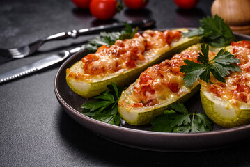 Baked stuffed zucchini boats with minced chicken mushrooms and vegetables with cheese