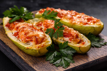 Baked stuffed zucchini boats with minced chicken mushrooms and vegetables with cheese