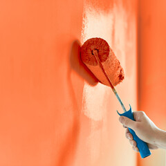 Close-up on the hand of a man who is painting a wall red orange with a paint roller. Painting...