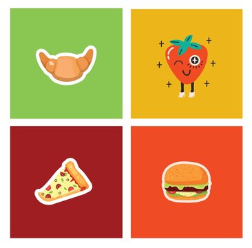 Vector background cards with trendy illustrations of crazy strawberry, sandwich, croissant and pizza.