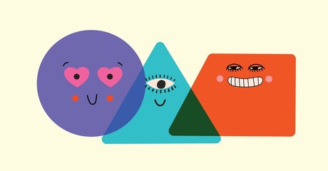 Collection of abstract comic Faces with various Emotions. Crazy Abstract comic geometric shape characters elements and faces. Vector Illustration