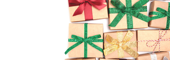 Banner with wrapped gifts with ribbons on a white background. Boxing day concept with place for text.