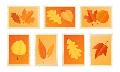 Autumn postage stamps with colourful leaves.