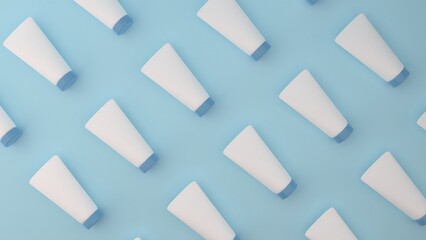 Blank white cosmetic skincare containers on light blue background, 3D Rendering