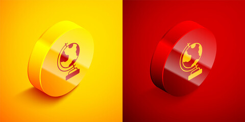 Isometric Earth globe icon isolated on orange and red background. Circle button. Vector