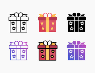 Gift Box icon set with different styles. Style line, outline, flat, glyph, color, gradient. Editable stroke and pixel perfect. Can be used for digital product, presentation, print design and more.