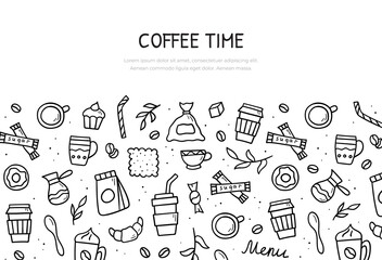 Naklejka premium Doodle set of coffee theme. Web banner template. Vector hand drawn illustration.