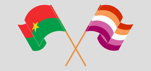 Crossed and waving flags of Burkina Faso and Lesbian Pride