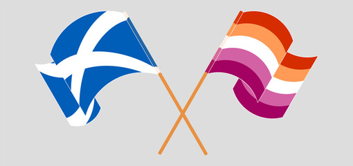 Crossed and waving flags of Scotland and Lesbian Pride