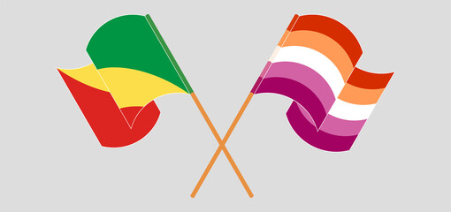 Crossed and waving flags of Republic of the Congo and Lesbian Pride