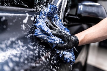 car wash employee thoroughly washes a modern car with a dedicated washing mitt - 515182992