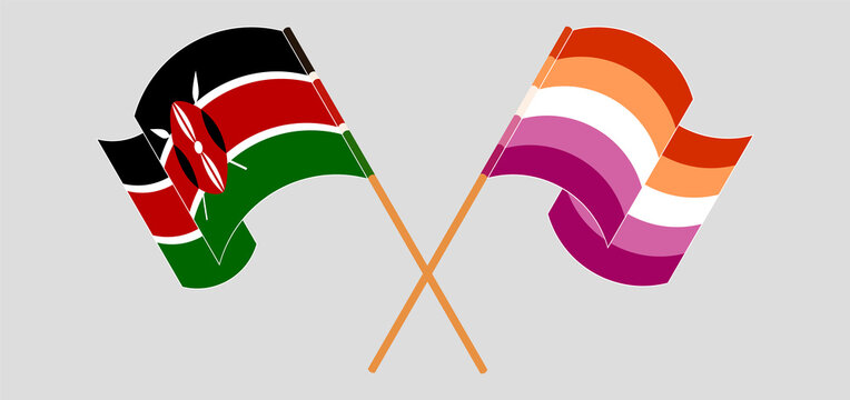 Crossed and waving flags of Kenya and Lesbian Pride