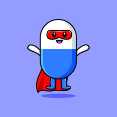 Cute capsule medicine superhero character flaying illustration cartoon vector in concept flat modern style