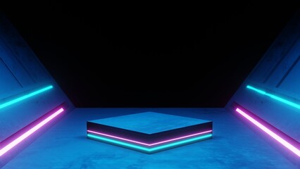 3d rendering of spaceship corridor neon glowing blue purple background futuristic. Cyberpunk concept. Scene for advertising, showroom, technology, future, modern, sport, metaverse. Sci Fi Illustration