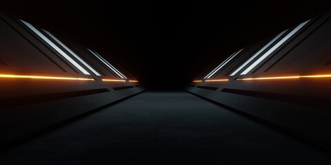 3d rendering of spaceship corridor neon glowing orange background futuristic. Cyberpunk concept. Scene for advertising, showroom, technology, future, modern, sport, metaverse. Sci Fi Illustration