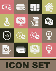 Set Location with percent discount, Cash location, Discount tag, Credit card chip, Money bag, and Coin money euro symbol icon. Vector