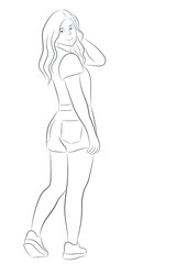 Sketch portrait of cartoon cute girl who looked back, flat vector, isolate on white background