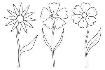Wildflowers. Sketch. Set of vector illustrations. Blooming buds. A flowering plant with a leaf on a stem. Doodle style. Coloring book for children. Outline on isolated background. Idea for web design.