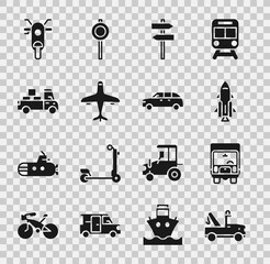 Set Tow truck, Delivery cargo, Rocket ship with fire, Road traffic signpost, Plane, Scooter and Hatchback icon. Vector