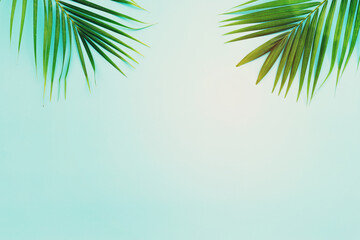 Image of tropical green palm over blue pastel background