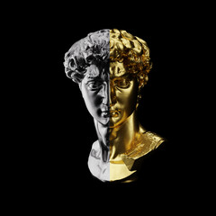 Silver statue of David's head. Gold David statue plaster copy isolated on dark background.