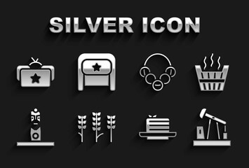 Set Wheat, Sauna bucket, Oil pump or pump jack, Medovik, Slavic pagan idol, Russian bagels, Ushanka and icon. Vector