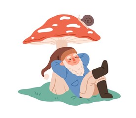 Cute gnome sleeping, lying under huge mushroom. Fairytale dwarf relaxing near fly-agaric. Childish fairy bearded character resting, dreaming. Flat vector illustration isolated on white background