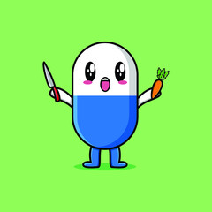 Cute cartoon capsule medicine character holding knife and carrot in modern style design 