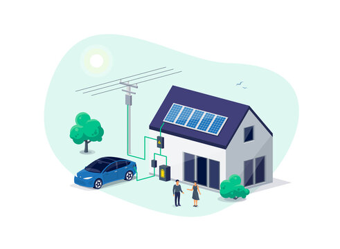 Home electricity scheme with battery energy storage system on modern house photovoltaic solar panels and rechargeable li-ion backup. Electric car charging on renewable smart power off-grid system.